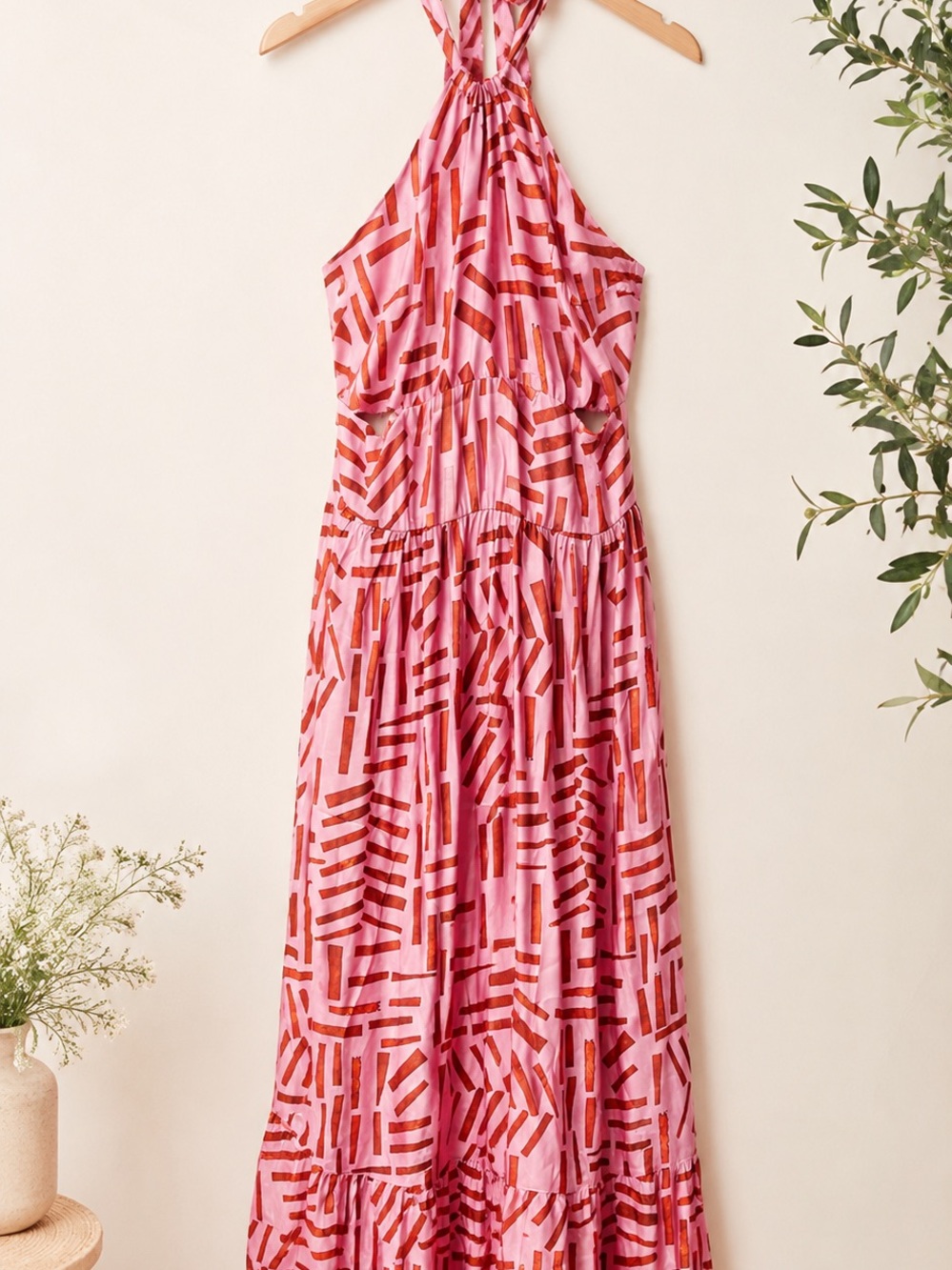 Self Contrast NWT Pink Orange Halter Maxi Dress Open Back Size L ✨